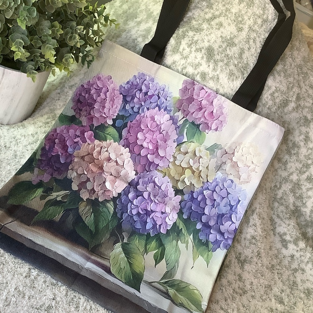 Floral Hydrangea Cotton Canvas Tote Bag NWT 13.25” x 14.75”